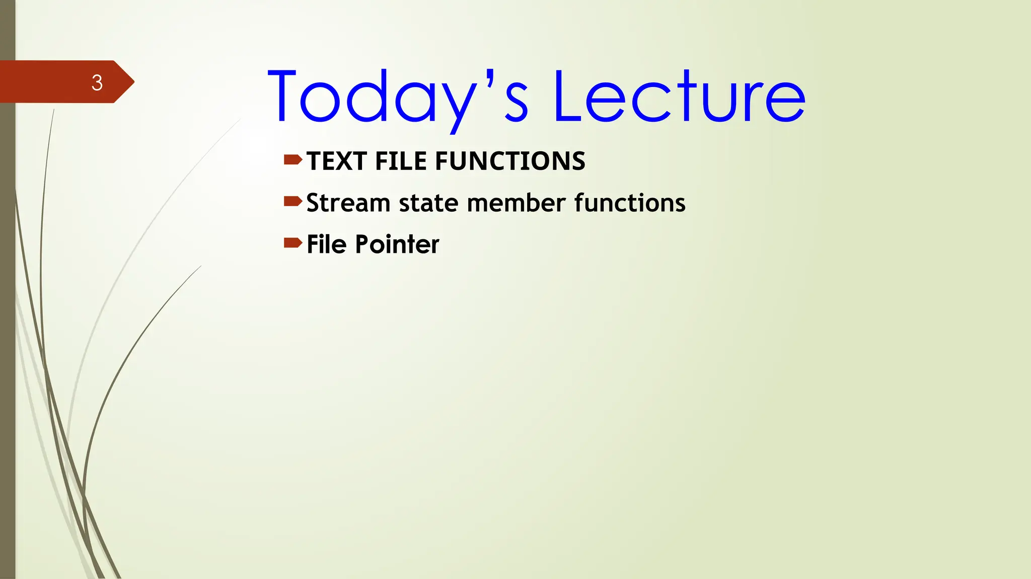 3
Today’s Lecture
TEXT FILE FUNCTIONS
Stream state member functions
File Pointer
 