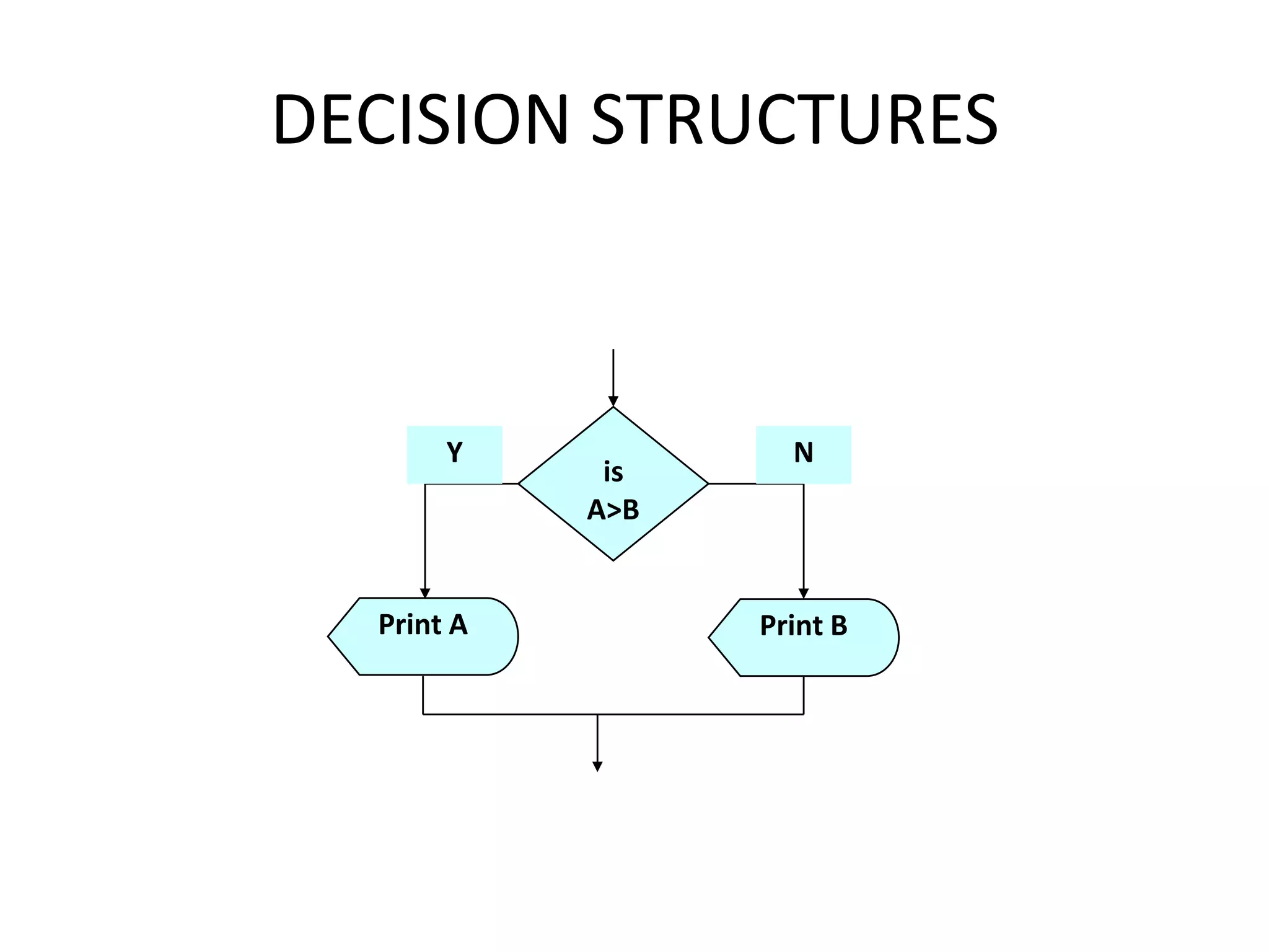 DECISION STRUCTURES



       Y            N
             is
            A>B


  Print A         Print B
 