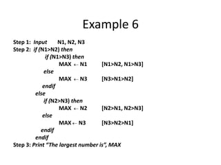 Example 6
Step 1: Input       N1, N2, N3
Step 2: if (N1>N2) then
              if (N1>N3) then
                    MAX N1         [N1>N2, N1>N3]
             else
                    MAX N3         [N3>N1>N2]
            endif
         else
             if (N2>N3) then
                    MAX N2         [N2>N1, N2>N3]
            else
                    MAX N3         [N3>N2>N1]
            endif
         endif
Step 3: Print “The largest number is”, MAX
 