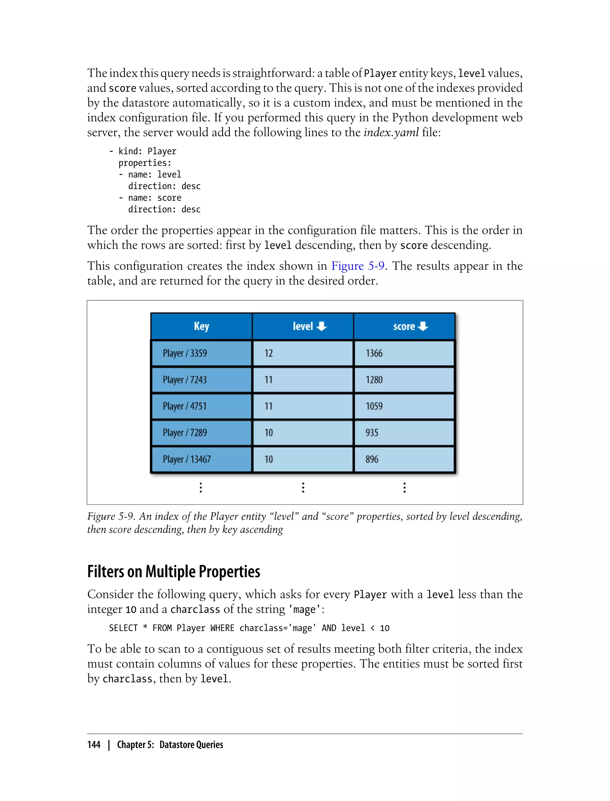 The index this query needs is straightforward: a table of Player entity keys, level values,
and score values, sorted according to the query. This is not one of the indexes provided
by the datastore automatically, so it is a custom index, and must be mentioned in the
index configuration file. If you performed this query in the Python development web
server, the server would add the following lines to the index.yaml file:
     - kind: Player
       properties:
       - name: level
         direction: desc
       - name: score
         direction: desc

The order the properties appear in the configuration file matters. This is the order in
which the rows are sorted: first by level descending, then by score descending.
This configuration creates the index shown in Figure 5-9. The results appear in the
table, and are returned for the query in the desired order.




Figure 5-9. An index of the Player entity “level” and “score” properties, sorted by level descending,
then score descending, then by key ascending



Filters on Multiple Properties
Consider the following query, which asks for every Player with a level less than the
integer 10 and a charclass of the string 'mage':
     SELECT * FROM Player WHERE charclass='mage' AND level < 10

To be able to scan to a contiguous set of results meeting both filter criteria, the index
must contain columns of values for these properties. The entities must be sorted first
by charclass, then by level.




144 | Chapter 5: Datastore Queries
 