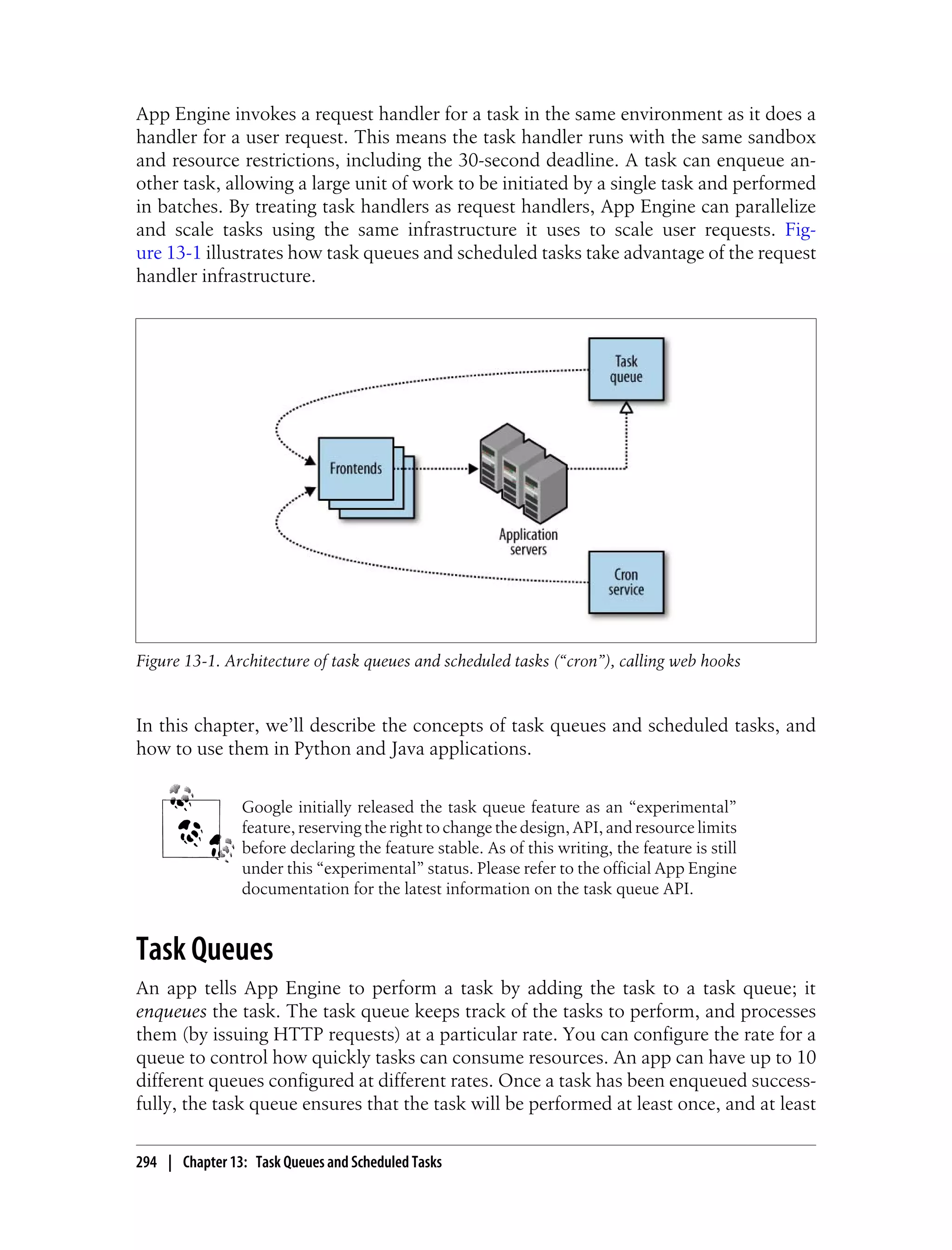 App Engine invokes a request handler for a task in the same environment as it does a
handler for a user request. This means the task handler runs with the same sandbox
and resource restrictions, including the 30-second deadline. A task can enqueue an-
other task, allowing a large unit of work to be initiated by a single task and performed
in batches. By treating task handlers as request handlers, App Engine can parallelize
and scale tasks using the same infrastructure it uses to scale user requests. Fig-
ure 13-1 illustrates how task queues and scheduled tasks take advantage of the request
handler infrastructure.




Figure 13-1. Architecture of task queues and scheduled tasks (“cron”), calling web hooks


In this chapter, we’ll describe the concepts of task queues and scheduled tasks, and
how to use them in Python and Java applications.


                Google initially released the task queue feature as an “experimental”
                feature, reserving the right to change the design, API, and resource limits
                before declaring the feature stable. As of this writing, the feature is still
                under this “experimental” status. Please refer to the official App Engine
                documentation for the latest information on the task queue API.


Task Queues
An app tells App Engine to perform a task by adding the task to a task queue; it
enqueues the task. The task queue keeps track of the tasks to perform, and processes
them (by issuing HTTP requests) at a particular rate. You can configure the rate for a
queue to control how quickly tasks can consume resources. An app can have up to 10
different queues configured at different rates. Once a task has been enqueued success-
fully, the task queue ensures that the task will be performed at least once, and at least

294 | Chapter 13: Task Queues and Scheduled Tasks
 