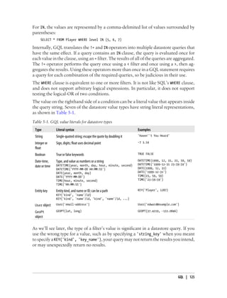 For IN, the values are represented by a comma-delimited list of values surrounded by
parentheses:
     SELECT * FROM Player WHERE level IN (5, 6, 7)

Internally, GQL translates the != and IN operators into multiple datastore queries that
have the same effect. If a query contains an IN clause, the query is evaluated once for
each value in the clause, using an = filter. The results of all of the queries are aggregated.
The != operator performs the query once using a < filter and once using a >, then ag-
gregates the results. Using these operators more than once in a GQL statement requires
a query for each combination of the required queries, so be judicious in their use.
The WHERE clause is equivalent to one or more filters. It is not like SQL’s WHERE clause,
and does not support arbitrary logical expressions. In particular, it does not support
testing the logical-OR of two conditions.
The value on the righthand side of a condition can be a literal value that appears inside
the query string. Seven of the datastore value types have string literal representations,
as shown in Table 5-1.
Table 5-1. GQL value literals for datastore types
 Type           Literal syntax                                          Examples
 String         Single-quoted string; escape the quote by doubling it   'Haven''t You Heard'

 Integer or     Sign, digits; float uses decimal point                  -7 3.14
 float
 Boolean        True or false keywords                                  TRUE FALSE

 Date-time,     Type, and value as numbers or a string                  DATETIME(1999, 12, 31, 23, 59, 59)
                DATETIME(year, month, day, hour, minute, second)        DATETIME('1999-12-31 23:59:59')
 date or time                                                           DATE(1999, 12, 31)
                DATETIME('YYYY-MM-DD HH:MM:SS')
                DATE(year, month, day)                                  DATE('1999-12-31')
                DATE('YYYY-MM-DD')                                      TIME(23, 59, 59)
                TIME(hour, minute, second)                              TIME('23:59:59')
                TIME('HH:MM:SS')

 Entity key     Entity kind, and name or ID; can be a path              KEY('Player', 1287)
                KEY('kind', 'name'/id)
                KEY('kind', 'name'/id, 'kind', 'name'/id, ...)

 User object    User('email-address')                                   User('edward@example.com')

 GeoPt          GEOPT(lat, long)                                        GEOPT(37.4219, -122.0846)
 object

As we’ll see later, the type of a filter’s value is significant in a datastore query. If you
use the wrong type for a value, such as by specifying a 'string_key' when you meant
to specify a KEY('kind', 'key_name'), your query may not return the results you intend,
or may unexpectedly return no results.




                                                                                                    GQL | 125
 