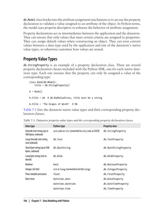 db.Model class hooks into the attribute assignment mechanism so it can use the property
declaration to validate a value assigned to an attribute of the object. In Python terms,
the model uses property descriptors to enhance the behavior of attribute assignment.
Property declarations act as intermediaries between the application and the datastore.
They can ensure that only values that meet certain criteria are assigned to properties.
They can assign default values when constructing an object. They can even convert
values between a data type used by the application and one of the datastore’s native
value types, or otherwise customize how values are stored.


Property Value Types
db.StringProperty is an example of a property declaration class. There are several
property declaration classes included with the Python SDK, one for each native data-
store type. Each one ensures that the property can only be assigned a value of the
corresponding type:
     class Book(db.Model):
         title = db.StringProperty()

     b = Book()

     b.title = 99            # db.BadValueError, title must be a string

     b.title = 'The Grapes of Wrath'                # OK

Table 7-1 lists the datastore native value types and their corresponding property dec-
laration classes.
Table 7-1. Datastore property value types and the corresponding property declaration classes
 Data type                       Python type                                      Property class
 Unicode text string (up to      unicode or str (converted to unicode as ASCII)   db.StringProperty
 500 bytes, indexed)
 Long Unicode text string        db.Text                                          db.TextProperty
 (not indexed)
 Short byte string (up to 500    db.ByteString                                    db.ByteStringProperty
 bytes, indexed)
 Long byte string (not in-       db.Blob                                          db.BlobProperty
 dexed)
 Boolean                         bool                                             db.BooleanProperty
 Integer (64-bit)                int or long (converted to 64-bit long)           db.IntegerProperty
 Float (double precision)        float                                            db.FloatProperty
 Date-time                       datetime.date                                    db.DateProperty
                                 datetime.datetime                                db.DateTimeProperty
                                 datetime.time                                    db.TimeProperty



186 | Chapter 7: Data Modeling with Python
 