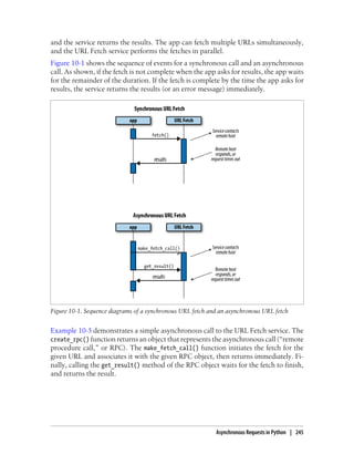 and the service returns the results. The app can fetch multiple URLs simultaneously,
and the URL Fetch service performs the fetches in parallel.
Figure 10-1 shows the sequence of events for a synchronous call and an asynchronous
call. As shown, if the fetch is not complete when the app asks for results, the app waits
for the remainder of the duration. If the fetch is complete by the time the app asks for
results, the service returns the results (or an error message) immediately.




Figure 10-1. Sequence diagrams of a synchronous URL fetch and an asynchronous URL fetch


Example 10-5 demonstrates a simple asynchronous call to the URL Fetch service. The
create_rpc() function returns an object that represents the asynchronous call (“remote
procedure call,” or RPC). The make_fetch_call() function initiates the fetch for the
given URL and associates it with the given RPC object, then returns immediately. Fi-
nally, calling the get_result() method of the RPC object waits for the fetch to finish,
and returns the result.




                                                            Asynchronous Requests in Python | 245
 