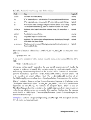 Table 11-2. Fields of an email message in the Python interface
 Field           Value                                                                                                Required?
 sender          The sender’s email address. A string.                                                                Required
 to              A “To” recipient address as a string, or multiple “To” recipient addresses as a list of strings.     Required
 cc              A “Cc” recipient address as a string, or multiple “Cc” recipient addresses as a list of strings.     Optional
 bcc             A “Bcc” recipient address as a string, or multiple “Bcc” recipient addresses as a list of strings.   Optional
                 “Bcc” recipients receive the message, but are not included in the content of the message.
 reply_to        An alternate address to which clients should send replies instead of the sender address. A           Optional
                 string.
 subject         The subject of the message. A string.                                                                Required
 body            The plain-text body of the message. A string.                                                        Required
 html            An alternate HTML representation of the body of the message, displayed instead of body by            Optional
                 HTML-capable email readers. A string.
 attachments     File attachments for the message. A list of tuples, one per attachment, each containing the          Optional
                 filename and the file data.

The value of an email address field ( sender, to, cc, bcc, reply_to) can be a plain email
address:
      'juliet@example.com'

It can also be an address with a human-readable name, in the standard format (RFC
822):
      'Juliet <juliet@example.com>'

When you call the send() method or the send_mail() function, the API checks the
message to make sure it is valid. This includes testing the email addresses for validity,
and making sure the message has all of the required fields. You can call functions to
perform these checks separately. The is_email_valid(address) function returns True
if it considers an email address valid. The is_initialized() method of an
EmailAddress object returns True if the object has all of the fields necessary for sending.
The API includes a shortcut method that sends an email message to all administrators
(developers) for the application. The send_mail_to_admins() function accepts the same
arguments as send_mail(), but without the recipient fields. There is also an
AdminEmailMessage class that is similar to the EmailMessage class, but with recipients set
to be the app administrators automatically. When calling this function, the message
size is limited to 16 kilobytes. (This is a safety limit that ensures delivery of important
administrative messages.)
Example 11-1 shows a larger example using EmailMessage, with both plain-text and
HTML parts, and an attachment.




                                                                                               Sending Email Messages | 259
 