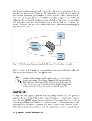 App Engine invokes a request handler for a task in the same environment as it does a
handler for a user request. This means the task handler runs with the same sandbox
and resource restrictions, including the 30-second deadline. A task can enqueue an-
other task, allowing a large unit of work to be initiated by a single task and performed
in batches. By treating task handlers as request handlers, App Engine can parallelize
and scale tasks using the same infrastructure it uses to scale user requests. Fig-
ure 13-1 illustrates how task queues and scheduled tasks take advantage of the request
handler infrastructure.




Figure 13-1. Architecture of task queues and scheduled tasks (“cron”), calling web hooks


In this chapter, we’ll describe the concepts of task queues and scheduled tasks, and
how to use them in Python and Java applications.


                Google initially released the task queue feature as an “experimental”
                feature, reserving the right to change the design, API, and resource limits
                before declaring the feature stable. As of this writing, the feature is still
                under this “experimental” status. Please refer to the official App Engine
                documentation for the latest information on the task queue API.


Task Queues
An app tells App Engine to perform a task by adding the task to a task queue; it
enqueues the task. The task queue keeps track of the tasks to perform, and processes
them (by issuing HTTP requests) at a particular rate. You can configure the rate for a
queue to control how quickly tasks can consume resources. An app can have up to 10
different queues configured at different rates. Once a task has been enqueued success-
fully, the task queue ensures that the task will be performed at least once, and at least

294 | Chapter 13: Task Queues and Scheduled Tasks
 