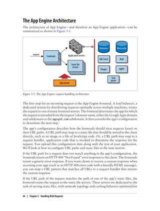 The App Engine Architecture
The architecture of App Engine—and therefore an App Engine application—can be
summarized as shown in Figure 3-1.




Figure 3-1. The App Engine request handling architecture


The first stop for an incoming request is the App Engine frontend. A load balancer, a
dedicated system for distributing requests optimally across multiple machines, routes
the request to one of many frontend servers. The frontend determines the app for which
the request is intended from the request’s domain name, either the Google Apps domain
and subdomain or the appspot.com subdomain. It then consults the app’s configuration
to determine the next step.
The app’s configuration describes how the frontends should treat requests based on
their URL paths. A URL path may map to a static file that should be served to the client
directly, such as an image or a file of JavaScript code. Or, a URL path may map to a
request handler, application code that is invoked to determine the response for the
request. You upload this configuration data along with the rest of your application.
We’ll look at how to configure URL paths and static files in the next section.
If the URL path for a request does not match anything in the app’s configuration, the
frontends return an HTTP 404 “Not Found” error response to the client. The frontends
return a generic error response. If you want clients to receive a custom response when
accessing your app (such as an HTTP 404 error code with a friendly HTML message),
you can map a URL pattern that matches all URLs to a request handler that returns
the custom response.
If the URL path of the request matches the path of one of the app’s static files, the
frontend routes the request to the static file servers. These servers are dedicated to the
task of serving static files, with network topology and caching behavior optimized for

64 | Chapter 3: Handling Web Requests
 