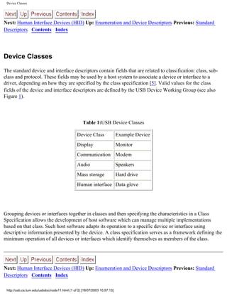 Device Classes
Next: Human Interface Devices (HID) Up: Enumeration and Device Descriptors Previous: Standard
Descriptors Contents Index
Device Classes
The standard device and interface descriptors contain fields that are related to classification: class, sub-
class and protocol. These fields may be used by a host system to associate a device or interface to a
driver, depending on how they are specified by the class specification [5]. Valid values for the class
fields of the device and interface descriptors are defined by the USB Device Working Group (see also
Figure 1).
Table 1:USB Device Classes
Device Class Example Device
Display Monitor
Communication Modem
Audio Speakers
Mass storage Hard drive
Human interface Data glove
Grouping devices or interfaces together in classes and then specifying the characteristics in a Class
Specification allows the development of host software which can manage multiple implementations
based on that class. Such host software adapts its operation to a specific device or interface using
descriptive information presented by the device. A class specification serves as a framework defining the
minimum operation of all devices or interfaces which identify themselves as members of the class.
Next: Human Interface Devices (HID) Up: Enumeration and Device Descriptors Previous: Standard
Descriptors Contents Index
http://usb.cs.tum.edu/usbdoc/node11.html (1 of 2) [18/07/2003 10:57:13]
 