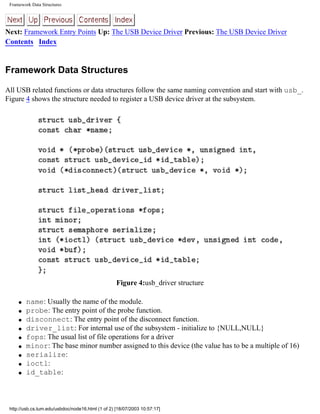 Framework Data Structures
Next: Framework Entry Points Up: The USB Device Driver Previous: The USB Device Driver
Contents Index
Framework Data Structures
All USB related functions or data structures follow the same naming convention and start with usb_.
Figure 4 shows the structure needed to register a USB device driver at the subsystem.
Figure 4:usb_driver structure
q name: Usually the name of the module.
q probe: The entry point of the probe function.
q disconnect: The entry point of the disconnect function.
q driver_list: For internal use of the subsystem - initialize to {NULL,NULL}
q fops: The usual list of file operations for a driver
q minor: The base minor number assigned to this device (the value has to be a multiple of 16)
q serialize:
q ioctl:
q id_table:
http://usb.cs.tum.edu/usbdoc/node16.html (1 of 2) [18/07/2003 10:57:17]
 