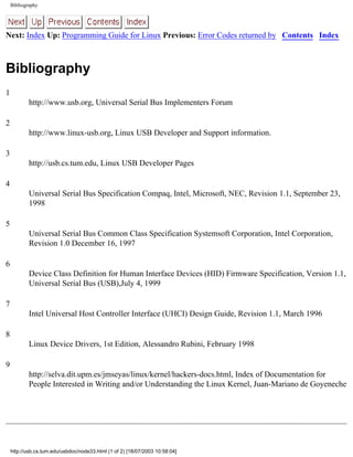 Bibliography
Next: Index Up: Programming Guide for Linux Previous: Error Codes returned by Contents Index
Bibliography
1
http://www.usb.org, Universal Serial Bus Implementers Forum
2
http://www.linux-usb.org, Linux USB Developer and Support information.
3
http://usb.cs.tum.edu, Linux USB Developer Pages
4
Universal Serial Bus Specification Compaq, Intel, Microsoft, NEC, Revision 1.1, September 23,
1998
5
Universal Serial Bus Common Class Specification Systemsoft Corporation, Intel Corporation,
Revision 1.0 December 16, 1997
6
Device Class Definition for Human Interface Devices (HID) Firmware Specification, Version 1.1,
Universal Serial Bus (USB),July 4, 1999
7
Intel Universal Host Controller Interface (UHCI) Design Guide, Revision 1.1, March 1996
8
Linux Device Drivers, 1st Edition, Alessandro Rubini, February 1998
9
http://selva.dit.upm.es/jmseyas/linux/kernel/hackers-docs.html, Index of Documentation for
People Interested in Writing and/or Understanding the Linux Kernel, Juan-Mariano de Goyeneche
http://usb.cs.tum.edu/usbdoc/node33.html (1 of 2) [18/07/2003 10:58:04]
 