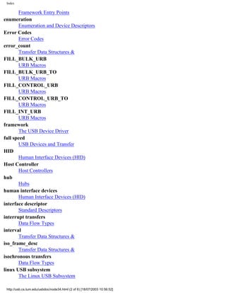 Index
Framework Entry Points
enumeration
Enumeration and Device Descriptors
Error Codes
Error Codes
error_count
Transfer Data Structures &
FILL_BULK_URB
URB Macros
FILL_BULK_URB_TO
URB Macros
FILL_CONTROL_URB
URB Macros
FILL_CONTROL_URB_TO
URB Macros
FILL_INT_URB
URB Macros
framework
The USB Device Driver
full speed
USB Devices and Transfer
HID
Human Interface Devices (HID)
Host Controller
Host Controllers
hub
Hubs
human interface devices
Human Interface Devices (HID)
interface descriptor
Standard Descriptors
interrupt transfers
Data Flow Types
interval
Transfer Data Structures &
iso_frame_desc
Transfer Data Structures &
isochronous transfers
Data Flow Types
linux USB subsystem
The Linux USB Subsystem
http://usb.cs.tum.edu/usbdoc/node34.html (2 of 6) [18/07/2003 10:56:52]
 