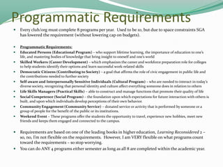 Programmatic Requirements


Every club/org must complete 8 programs per year. Used to be 10, but due to space constraints SGA
has lowered the requirement (without lowering cap on budgets).



Programmatic Requirements:
Educated Persons (Educational Program) – who support lifetime learning, the importance of education to one’s
life, and mastering bodies of knowledge that bring insight to oneself and one’s world
Skilled Workers (Career Development) – which emphasizes the career and workforce preparation role for colleges
to help students identify their options and learn successful work-related skills
Democratic Citizens (Contributing to Society) – a goal that affirms the role of civic engagement in public life and
the contributions needed to further society
Self-aware and Interpersonally Sensitive Individuals (Cultural Program) – who are needed to interact in today’s
diverse society, recognizing that personal identity and culture affect everything someone does in relation to others
Life Skills Managers (Practical Skills) – able to construct and manage functions that promote their quality of life
Social Competence (Social Program) – the foundation upon which expectations for future interaction with others is
built, and upon which individuals develop perceptions of their own behavior.
Community Engagement (Community Service) – donated service or activity that is performed by someone or a
group of people for the benefit of the public or its institutions.
Weekend Event – These programs offer the students the opportunity to travel, experience new hobbies, meet new
friends and keeps them engaged and connected to the campus.














Requirements are based on one of the leading books in higher education, Learning Reconsidered 2 –
so, no, I’m not flexible on the requirements. However, I am VERY flexible on what programs count
toward the requirements – so stop worrying.
You can do ANY 4 programs either semester as long as all 8 are completed within the academic year.

 
