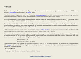 Problem 1:
The C++ standard template library provides us with a large number of containers and data structures that we can go ahead and use in our programs. We’ll be learning
how to use a priority queue, which is available in the <queue> header.
The problem we can solve using a priority queue is that of computing a minimum spanning tree. Given a fully connected undirected graph where each edge has a weight,
wewould like to ﬁnd the set of edges with the least total sum of weights. This may sound abstract; so here’sa concrete scenario:
You’re a civil engineer and you’retrying to ﬁgure out the best way to arrange for internet accessin your small island nation of C-Land. There areN (3 ≤ N ≤ 250, 000) towns on
yourisland connectedbyM (N ≤ M ≤ 250, 000) variousroadsand youcanwalk betweenany two townsonthe island bytraversing somesequenceof roads.
However, you’vegot a limited budget and have determined that the cheapest way to arrange for internet access is to build someﬁber-optic cables along existing roadways. You have a
list of the costsof laying ﬁber-optic cable down along any particular road, and want to ﬁgure out how much money you’ll need to successfullycomplete the project–meaning that, at
the end, every town will be connected along somesequence of ﬁber-optic cables.
Luckily, you’re also C-Land’s resident computer scientist, and you remember hearing about Prim’
s algorithm in one of your old programming classes. This algorithm is exactly the
solution to yourproblem, but it requires apriorityqueue...and ta-da! Here’
sthe C++ standard template libraryto the rescue.
If this scenario is still not totally clear, look at the sample input description on the next page. Our input data describing the graph will be arranged as a list of edges (roads
and their ﬁber-optic cost) and for our program we’ll covert that to an adjacency list: for every node in the graph (town in the country), we’ll have a list of the nodes
(towns) it’sconnected to and the weight (cost of building ﬁber-optic cable along).
adj[0]→ (1,1.0) (3,3.0)
adj[1]→ (0, 1.0) (2, 6.0) (3, 5.0) (4, 1.0)
. .
This data structure might be a pain to allocate and keep track of everything in C. The C++ STL will simplify things. First, our adjacency list can be represented as a list
of C++ vectors, one for each node. To further simplify and abstract things, we’ve created a wrapper class called AdjacencyList that you can use; it already has a method
written to help with reading the input.
Resource Limits
Yourprogram will be allowed up to 3 seconds of runtime and 32MB of RAM.
programminghomeworkhelp.com
 