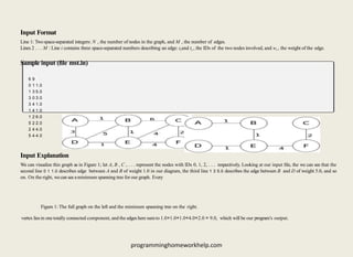 Input Format
Line 1: Twospace-separated integers: N , the number of nodes in the graph, and M , the number of edges.
Lines 2 . . . M : Line i contains three space-separated numbers describing an edge: siand ti , the IDs of the two nodes involved, and wi , the weight of the edge.
Sample input (ﬁle mst.in)
6 9
0 1 1.0
1 3 5.0
3 0 3.0
3 4 1.0
1 4 1.0
1 2 6.0
5 2 2.0
2 4 4.0
5 4 4.0
Input Explanation
We can visualize this graph as in Figure 1; let A, B , C , . . . represent the nodes with IDs 0, 1, 2, . . . respectively. Looking at our input ﬁle, the we can see that the
second line 0 1 1.0 describes edge between A and B of weight 1.0 in our diagram, the third line 1 3 5.0 describes the edge between B and D of weight 5.0, and so
on. On the right, wecan seeaminimum spanning tree for our graph. Every
Figure 1: The full graph on the left and the minimum spanning tree on the right.
vertex liesin one totally connected component, and the edges here sumto 1.0+1.0+1.0+4.0+2.0 = 9.0, which will be our program’s output.
programminghomeworkhelp.com
 