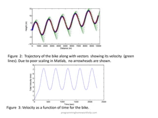 Figure 2: Trajectory of the bike along with vectors showing its velocity (green
lines). Due to poor scaling in Matlab, no arrowheads are shown.
Figure 3: Velocity as a function of time for the bike.
programminghomeworkhelp.com
 