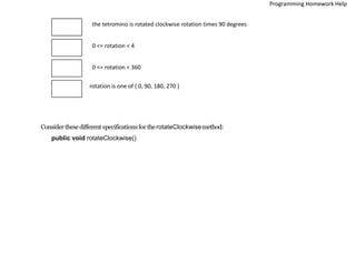the tetromino is rotated clockwise rotation times 90 degrees
0 <= rotation < 4
0 <= rotation < 360
rotation is one of { 0, 90, 180, 270 }
Consider thesedifferent specificationsfor therotateClockwisemethod:
public void rotateClockwise()
Programming Homework Help
 
