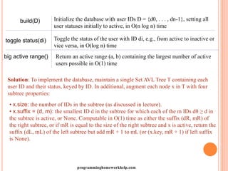 build(D) Initialize the database with user IDs D = {d0, . . . , dn-1}, setting all
user statuses initially to active, in O(n log n) time
toggle status(di) Toggle the status of the user with ID di, e.g., from active to inactive or
vice versa, in O(log n) time
big active range() Return an active range (a, b) containing the largest number of active
users possible in O(1) time
Solution: To implement the database, maintain a single Set AVL Tree T containing each
user ID and their status, keyed by ID. In additional, augment each node x in T with four
subtree properties:
• x.size: the number of IDs in the subtree (as discussed in lecture).
• x.suffix = (d, m): the smallest ID d in the subtree for which each of the m IDs d0 ≥ d in
the subtree is active, or None. Computable in O(1) time as either the suffix (dR, mR) of
the right subtree, or if mR is equal to the size of the right subtree and x is active, return the
suffix (dL, mL) of the left subtree but add mR + 1 to mL (or (x.key, mR + 1) if left suffix
is None).
programminghomeworkhelp.com
 