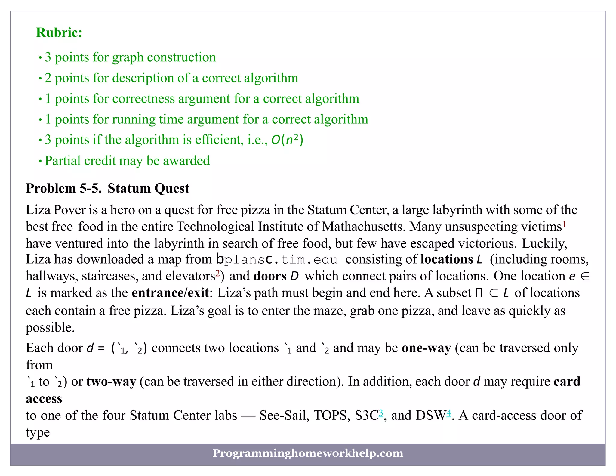 Rubric:
•3 points for graph construction
•2 points for description of a correct algorithm
•1 points for correctness argument for a correct algorithm
•1 points for running time argument for a correct algorithm
•3 points if the algorithm is efﬁcient, i.e., O(n2)
•Partial credit may be awarded
Problem 5-5. Statum Quest
Liza Pover is a hero on a quest for free pizza in the Statum Center, a large labyrinth with some of the
best free food in the entire Technological Institute of Mathachusetts. Many unsuspecting victims1
have ventured into the labyrinth in search of free food, but few have escaped victorious. Luckily,
Liza has downloaded a map from bplansc.tim.edu consisting of locations L (including rooms,
hallways, staircases, and elevators2) and doors D which connect pairs of locations. One location e ∈
L is marked as the entrance/exit: Liza’s path must begin and end here. A subset Π ⊂ L of locations
each contain a free pizza. Liza’s goal is to enter the maze, grab one pizza, and leave as quickly as
possible.
Each door d = (`1, `2) connects two locations `1 and `2 and may be one-way (can be traversed only
from
`1 to `2) or two-way (can be traversed in either direction). In addition, each door d may require card
access
to one of the four Statum Center labs — See-Sail, TOPS, S3C3, and DSW4. A card-access door of
type
Programminghomeworkhelp.com
 