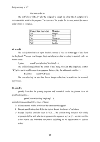 Programming in ‘C’


                        #include<stdio.h>
       The instruction <stdio.h> tells the compiler to search for a file stdio.h and place it’s
contents at this point in the program. The content of the header file become part of the source
code when it is compiled.


                        Conversion character            Meaning
                        %d                              Integer
                        %f                              Float
                        %c                              Character
                        %s                              String
                        %lf                             Double

a). scanf():
       The scanf() function is an input function. It used to read the mixed type of data from
the keyboard. You can read integer, float and character data by using its control codes or
format codes.
       Syntax:          scanf(“control string”,&v1,&v2…);
       The control string contains the format of data being received. The ampersand symbol
‘&’ before each variable name is an operator that specifies the address of variable v1.
                 Example:      scanf(“%d”,&n);
       The control string %d specifies that an integer value is to be read from the terminal
(keyboard).


b). printf():
       printf() fiunction for printing captions and numerical results the general form of
printf statement is….
                 printf(“controle string”,arg1,arg2…);
control string consists of three types of items:
    Characters that will be printed on the screen as they appear.
    Format specifications that define the output format for display of each item.
    Escape sequence character such as n,t….. the control string indicates how many
       arguments follow and what their types are the argument arg1,arg2… are the variable
       whose values are formatted and printed according to the specification of control
       string.




                                                   21
 