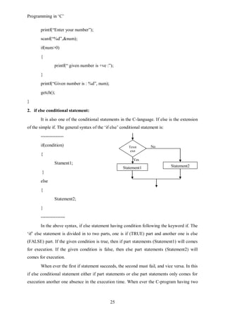 Programming in ‘C’


       printf(“Enter your number”);
       scanf(“%d”,&num);
       if(num>0)
       {
                printf(“ given number is +ve :”);
       }
       printf(“Given number is : %d”, num);
       getch();
}

2. if else conditional statement:
       It is also one of the conditional statements in the C-language. If else is the extension
of the simple if. The general syntax of the ‘if else’ conditional statement is:
       ---------------
       if(condition)                                      Texst        No
                                                           exp
       {
                                                             Yes
                Stament1;
                                                       Statement1                 Statement2
        }
       else
       {
                Statement2;
       }
       ----------------
       In the above syntax, if else statement having condition following the keyword if. The
‘if’ else statement is divided in to two parts, one is if (TRUE) part and another one is else
(FALSE) part. If the given condition is true, then if part statements (Statement1) will comes
for execution. If the given condition is false, then else part statements (Statement2) will
comes for execution.
       When ever the first if statement succeeds, the second must fail, and vice versa. In this
if else conditional statement either if part statements or else part statements only comes for
execution another one absence in the execution time. When ever the C-program having two



                                                25
 