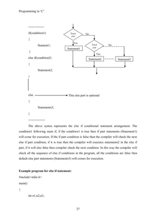 Programming in ‘C’



         ---------------
         if(condition1)                   Texst        No
                                           exp
         {
                                            Yes
                  Stament1;                                 Texst        No
                                                             exp
                                       Statement1
         }
                                                                Yes
         else if(condition2)                             Statement2              Statement3
         {
                  Statement2;
         }




         else                           This else part is optional
         {
                  Statements3;
         }
         ----------------
         The above syntax represents the else if conditional statement arrangement. The
condition1 following main if, if the condition1 is true then if part statements (Statement1)
will come for execution. If the if part condition is false then the compiler will check the next
else if part condition, if it is true then the compiler will executes statements2 in the else if
part, if it will also false then compiler check the next condition. In this way the compiler will
check all the sequence of else if conditions in the program, all the conditions are false then
default else part statements (Statements3) will comes for execution.


Example program for else if statement:
#include<stdio.h>
main()
{
         int n1,n2,n3;



                                                  27
 