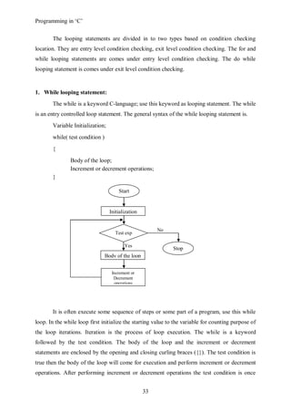 Programming in ‘C’


       The looping statements are divided in to two types based on condition checking
location. They are entry level condition checking, exit level condition checking. The for and
while looping statements are comes under entry level condition checking. The do while
looping statement is comes under exit level condition checking.


1. While looping statement:
       The while is a keyword C-language; use this keyword as looping statement. The while
is an entry controlled loop statement. The general syntax of the while looping statement is.
       Variable Initialization;
       while( test condition )
       {
               Body of the loop;
               Increment or decrement operations;
       }

                                       Start


                                   Initialization


                                                         No
                                     Test exp

                                          Yes
                                                              Stop
                                 Body of the loop


                                    Increment or
                                     Decrement
                                     operations




       It is often execute some sequence of steps or some part of a program, use this while
loop. In the while loop first initialize the starting value to the variable for counting purpose of
the loop iterations. Iteration is the process of loop execution. The while is a keyword
followed by the test condition. The body of the loop and the increment or decrement
statements are enclosed by the opening and closing curling braces ({}). The test condition is
true then the body of the loop will come for execution and perform increment or decrement
operations. After performing increment or decrement operations the test condition is once


                                                    33
 