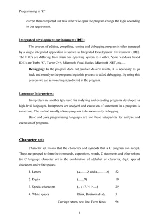 Programming in ‘C’


     correct then completed our task other wise open the program change the logic according
     to our requirement.



Integrated development environment (IDE):
       The process of editing, compiling, running and debugging program is often managed
by a single integrated application is known as Integrated Development Environment (IDE).
The IDE’s are differing from form one operating system to n other. Some windows based
IDE’s are Turbo ‘C’, Turbo C++, Microsoft Visual Basics, Microsoft .NET, etc….
       Debugging: In the program does not produce desired results, it is necessary to go
       back and reanalyze the programs logic this process is called debugging. By using this
       process we can remove bugs (problems) in the program.



Language interpreters:
       Interpreters are another type used for analyzing and executing programs developed in
high-level languages. Interpreters are analyzed and execution of statements in a program is
same time. The method usually allows programs to be more easily debugging.
       Basic and java programming languages are use these interpreters for analyze and
execution of programs.




Character set:

       Character set means that the characters and symbols that a C program can accept.
These are grouped to form the commands, expressions, words, C statements and other tokens
for C language character set is the combination of alphabet or character, digit, special
characters and white spaces.

       1. Letters                            (A…….Z and a………z)           52

       2. Digits                             (……9)                       10

       3. Special characters                 (. , ; : ? / < >….)         29

       4. White spaces                       Blank, Horizontal tab,      5

                               Carriage return, new line, Form feeds     96


                                               8
 