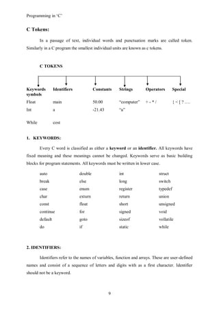 Programming in ‘C’


C Tokens:

        In a passage of text, individual words and punctuation marks are called token.
Similarly in a C program the smallest individual units are known as c tokens.



        C TOKENS




Keywords          Identifiers            Constants    Strings        Operators        Special
symbols
Float             main                   50.00        “computer”     +-*/             { < [ ? ….
Int               a                      -21.43       “a”

While             cost


1. KEYWORDS:

        Every C word is classified as either a keyword or an identifier. All keywords have
fixed meaning and these meanings cannot be changed. Keywords serve as basic building
blocks for program statements. All keywords must be written in lower case.

        auto                    double                int                   struct
        break                   else                  long                  switch
        case                    enum                  register              typedef
        char                    exturn                return                union
        const                   float                 short                 unsigned
        continue                for                   signed                void
        default                 goto                  sizeof                vollatile
        do                      if                    static                while



2. IDENTIFIERS:

        Identifiers refer to the names of variables, function and arrays. These are user-defined
names and consist of a sequence of letters and digits with as a first character. Identifier
should not be a keyword.



                                                  9
 