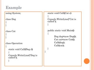 Example
using System;
class Dog
{
}
class Cat
{
}
class Operation
{
static void Call(Dog d)
{
Console.WriteLine("Dog is
called");
}
static void Call(Cat c)
{
Console.WriteLine("Cat is
called");
}
public static void Main()
{
Dog dog=new Dog();
Cat cat=new Cat();
Call(dog);
Call(cat);
}
}
 