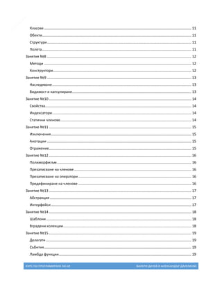 2

Класове ................................................................................................................................................... 11
Обекти..................................................................................................................................................... 11
Структури ................................................................................................................................................ 11
Полета ..................................................................................................................................................... 11
Занятия №8 ................................................................................................................................................ 12
Методи ................................................................................................................................................... 12
Конструктори.......................................................................................................................................... 12
Занятие №9 ................................................................................................................................................ 13
Наследяване ........................................................................................................................................... 13
Видимост и капсулиране....................................................................................................................... 13
Занятие №10 .............................................................................................................................................. 14
Свойства.................................................................................................................................................. 14
Индексатори........................................................................................................................................... 14
Статични членове................................................................................................................................... 14
Занятие №11 .............................................................................................................................................. 15
Изключения ............................................................................................................................................ 15
Анотации ................................................................................................................................................ 15
Отражение .............................................................................................................................................. 15
Занятие №12 .............................................................................................................................................. 16
Полиморфизъм ...................................................................................................................................... 16
Презаписване на членове ..................................................................................................................... 16
Презаписване на оператори ................................................................................................................. 16
Предефиниране на членове ................................................................................................................. 16
Занятие №13 .............................................................................................................................................. 17
Абстракция ............................................................................................................................................. 17
Интерфейси ............................................................................................................................................ 17
Занятие №14 .............................................................................................................................................. 18
Шаблони ................................................................................................................................................. 18
Вградени колекции................................................................................................................................ 18
Занятие №15 .............................................................................................................................................. 19
Делегати ................................................................................................................................................. 19
Събития ................................................................................................................................................... 19
Ламбда функции .................................................................................................................................... 19
КУРС ПО ПРОГРАМИРАНЕ НА C#

ВАЛЕРИ ДАЧЕВ И АЛЕКСАНДЪР ДАЛЕМСКИ

 