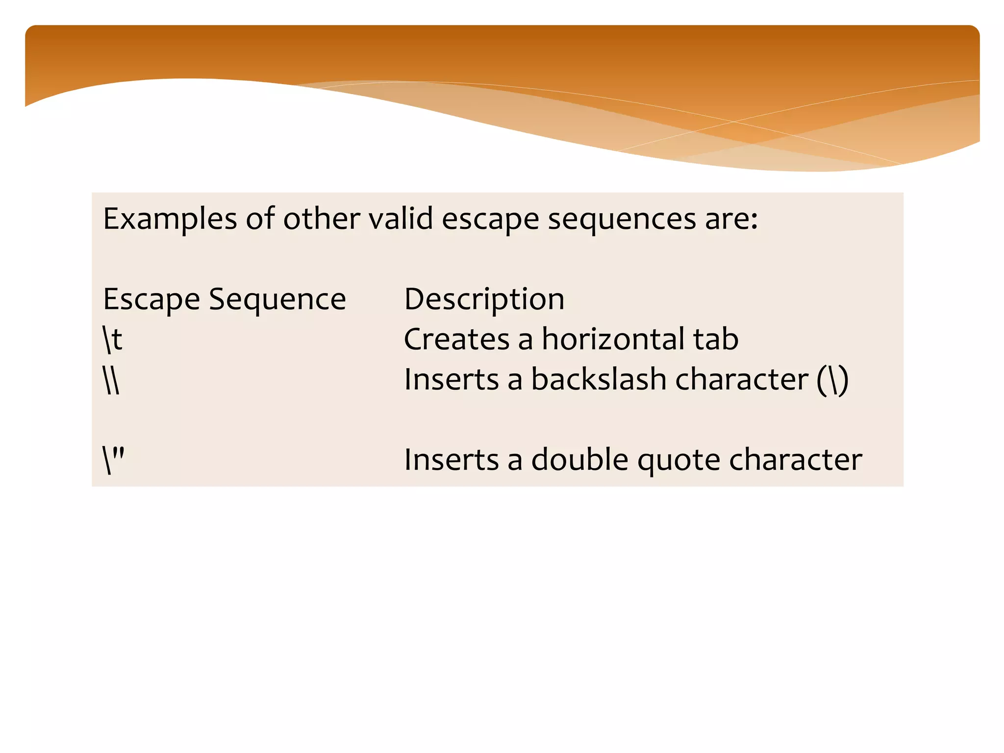 Examples of other valid escape sequences are:
Escape Sequence Description
t Creates a horizontal tab
 Inserts a backslash character ()
" Inserts a double quote character
 