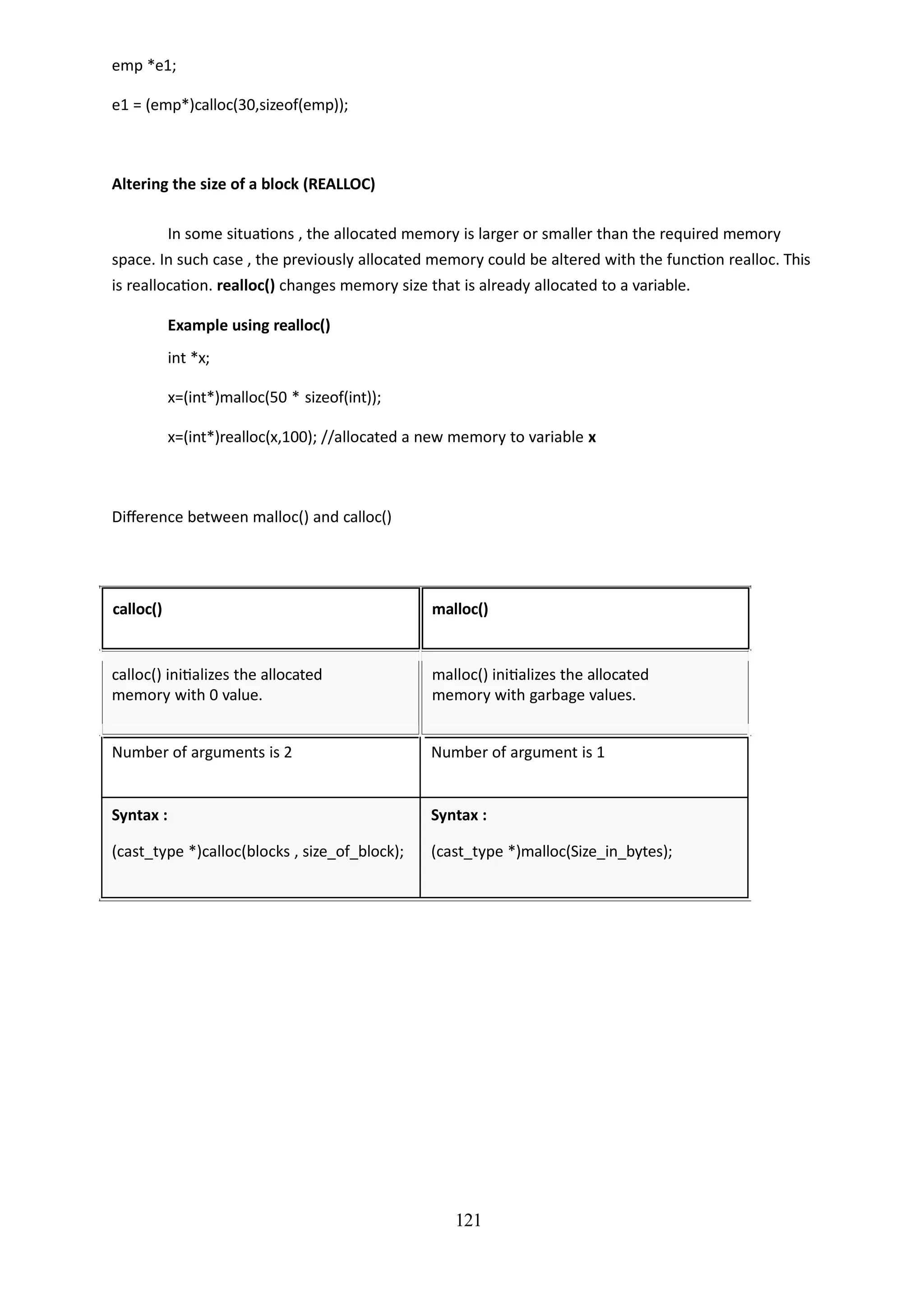 emp *e1;
e1 = (emp*)calloc(30,sizeof(emp));
Altering the size of a block (REALLOC)
In some situations , the allocated memory is larger or smaller than the required memory
space. In such case , the previously allocated memory could be altered with the function realloc. This
is reallocation. realloc() changes memory size that is already allocated to a variable.
Example using realloc()
int *x;
x=(int*)malloc(50 * sizeof(int));
x=(int*)realloc(x,100); //allocated a new memory to variable x
Difference between malloc() and calloc()
calloc() malloc()
calloc() initializes the allocated
memory with 0 value.
malloc() initializes the allocated
memory with garbage values.
Number of arguments is 2 Number of argument is 1
Syntax :
(cast_type *)calloc(blocks , size_of_block);
Syntax :
(cast_type *)malloc(Size_in_bytes);
121
 