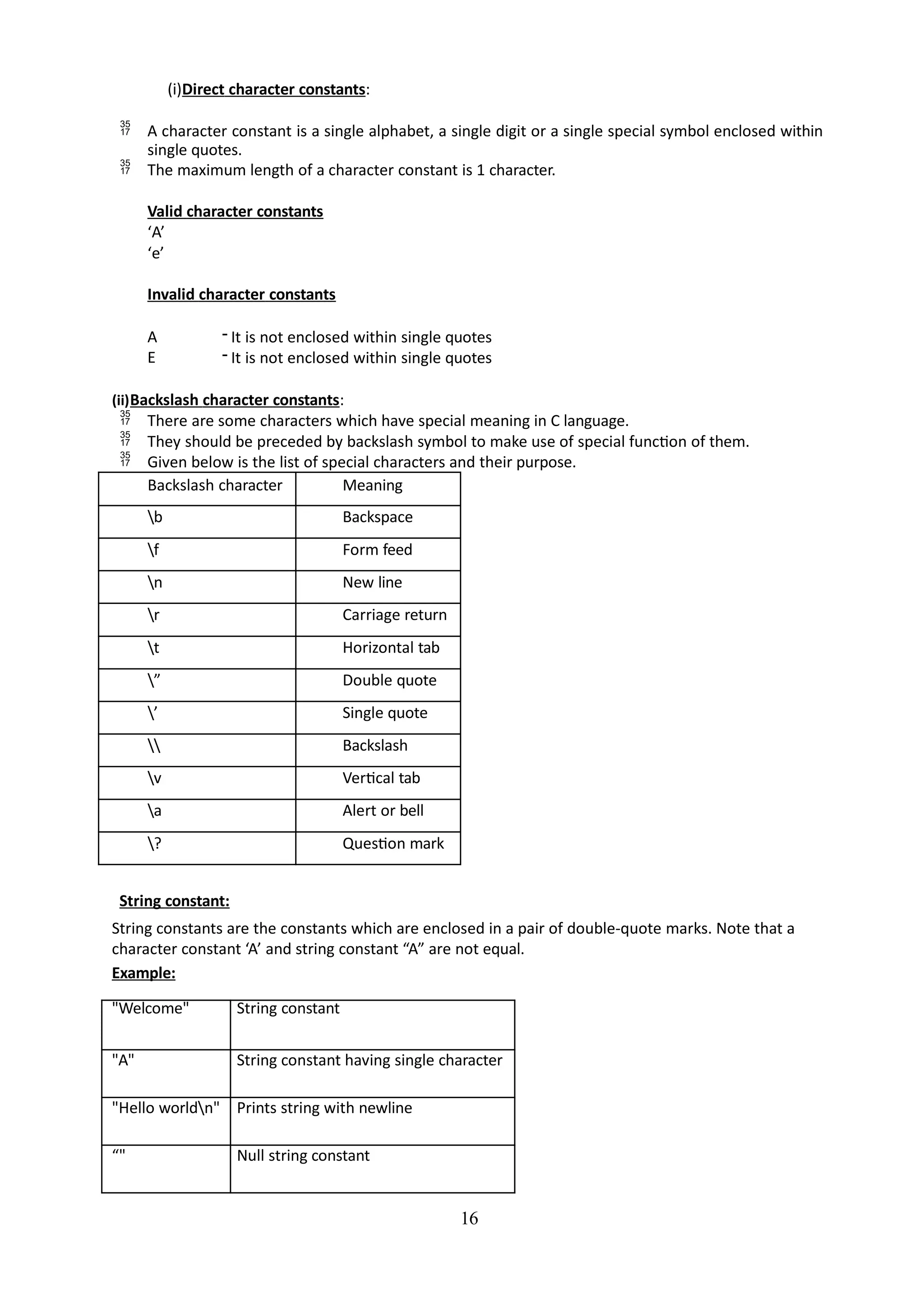 (i)Direct character constants:
 A character constant is a single alphabet, a single digit or a single special symbol enclosed within
single quotes.
 The maximum length of a character constant is 1 character.
Valid character constants
‘A’
‘e’
Invalid character constants
A
E
- It is not enclosed within single quotes
- It is not enclosed within single quotes
(ii)Backslash character constants:
 There are some characters which have special meaning in C language.
 They should be preceded by backslash symbol to make use of special function of them.
 Given below is the list of special characters and their purpose.
Backslash character Meaning
b Backspace
f Form feed
n New line
r Carriage return
t Horizontal tab
” Double quote
’ Single quote
 Backslash
v Vertical tab
a Alert or bell
? Question mark
String constant:
String constants are the constants which are enclosed in a pair of double-quote marks. Note that a
character constant ‘A’ and string constant “A” are not equal.
Example:
"Welcome" String constant
"A" String constant having single character
"Hello worldn" Prints string with newline
“" Null string constant
16
 