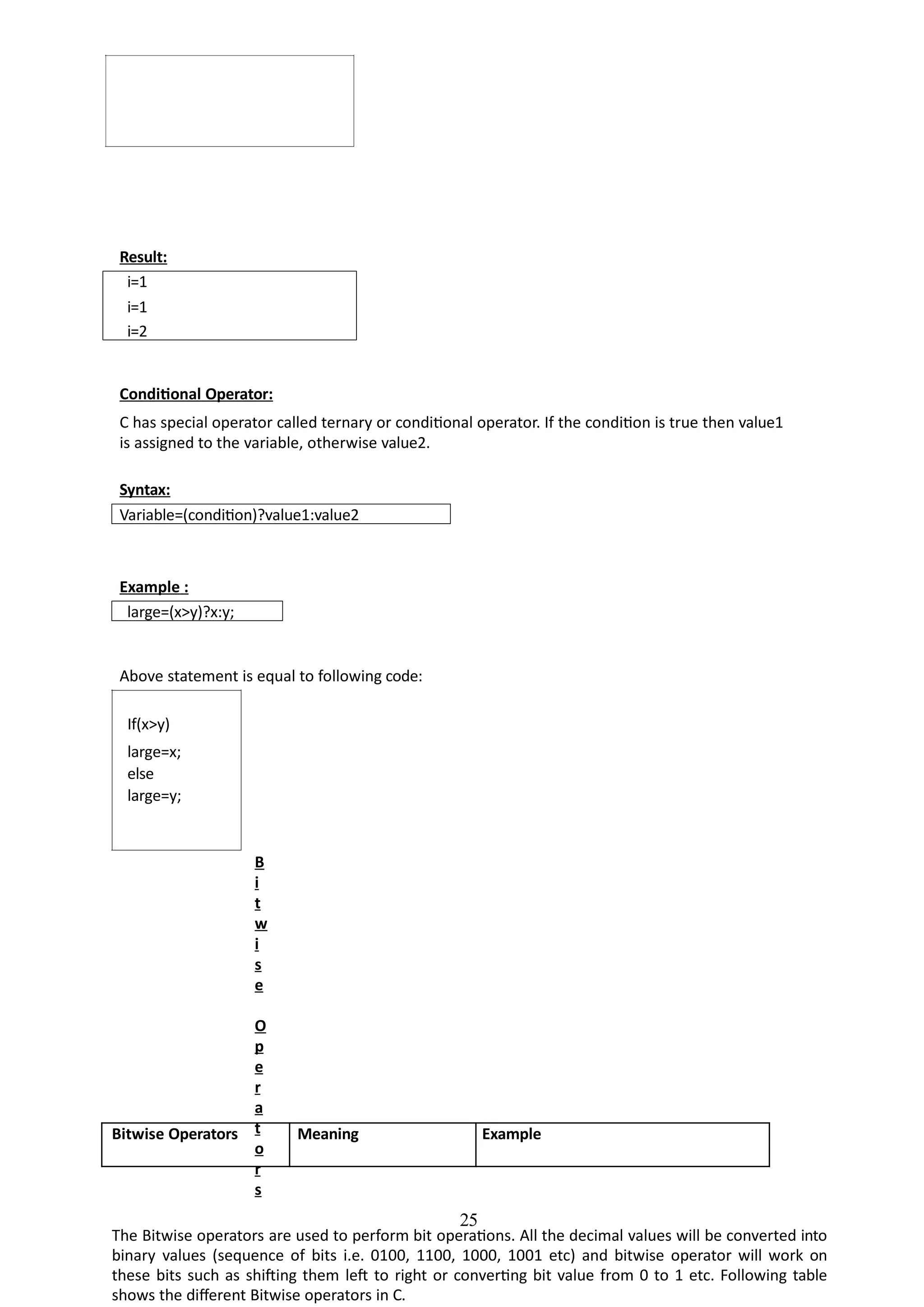 Result:
25
i=1
i=1
i=2
Conditional Operator:
C has special operator called ternary or conditional operator. If the condition is true then value1
is assigned to the variable, otherwise value2.
Syntax:
Variable=(condition)?value1:value2
Example :
large=(x>y)?x:y;
Above statement is equal to following code:
If(x>y)
large=x;
else
large=y;
B
i
t
w
i
s
e
O
p
e
r
a
t
o
r
s
The Bitwise operators are used to perform bit operations. All the decimal values will be converted into
binary values (sequence of bits i.e. 0100, 1100, 1000, 1001 etc) and bitwise operator will work on
these bits such as shifting them left to right or converting bit value from 0 to 1 etc. Following table
shows the different Bitwise operators in C.
Bitwise Operators Meaning Example
 