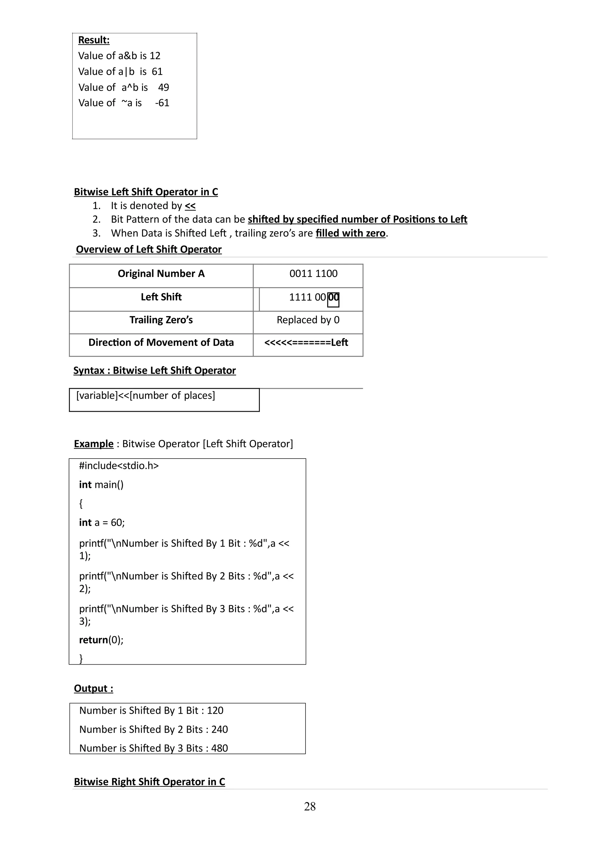 Result:
Value of a&b is 12
Value of a|b is 61
Value of a^b is 49
Value of ~a is -61
Bitwise Left Shift Operator in C
1. It is denoted by <<
2. Bit Pattern of the data can be shifted by specified number of Positions to Left
3. When Data is Shifted Left , trailing zero’s are filled with zero.
Overview of Left Shift Operator
Original Number A 0011 1100
Left Shift 1111 00 00
Trailing Zero’s Replaced by 0
Direction of Movement of Data <<<<<=======Left
Syntax : Bitwise Left Shift Operator
[variable]<<[number of places]
Example : Bitwise Operator [Left Shift Operator]
28
#include<stdio.h>
int main()
{
int a = 60;
printf("nNumber is Shifted By 1 Bit : %d",a <<
1);
printf("nNumber is Shifted By 2 Bits : %d",a <<
2);
printf("nNumber is Shifted By 3 Bits : %d",a <<
3);
return(0);
}
Output :
Number is Shifted By 1 Bit : 120
Number is Shifted By 2 Bits : 240
Number is Shifted By 3 Bits : 480
Bitwise Right Shift Operator in C
 