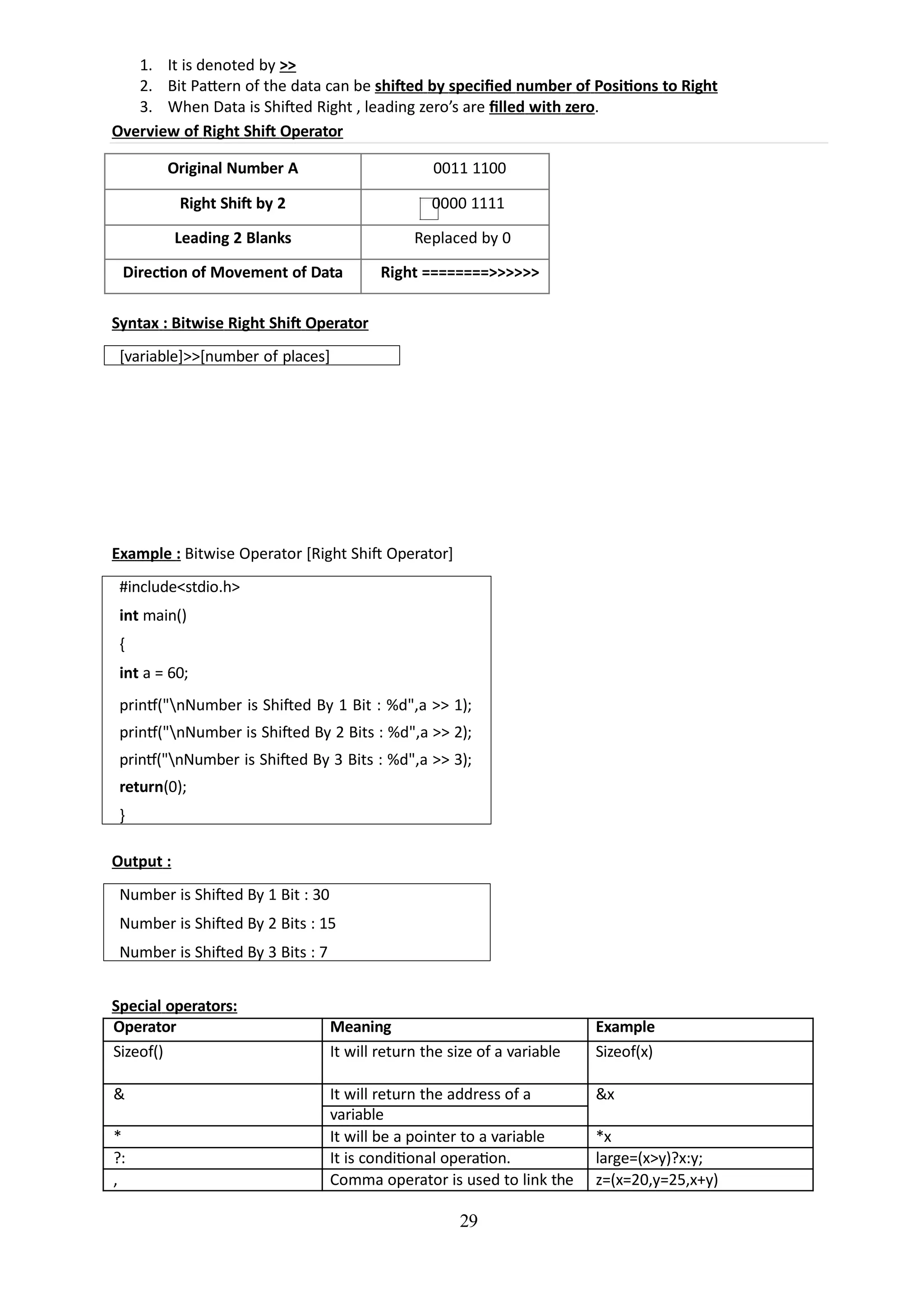 1. It is denoted by >>
2. Bit Pattern of the data can be shifted by specified number of Positions to Right
3. When Data is Shifted Right , leading zero’s are filled with zero.
Overview of Right Shift Operator
29
Original Number A 0011 1100
Right Shift by 2 0000 1111
Leading 2 Blanks Replaced by 0
Direction of Movement of Data Right ========>>>>>>
Syntax : Bitwise Right Shift Operator
[variable]>>[number of places]
Example : Bitwise Operator [Right Shift Operator]
#include<stdio.h>
int main()
{
int a = 60;
printf("nNumber is Shifted By 1 Bit : %d",a >> 1);
printf("nNumber is Shifted By 2 Bits : %d",a >> 2);
printf("nNumber is Shifted By 3 Bits : %d",a >> 3);
return(0);
}
Output :
Number is Shifted By 1 Bit : 30
Number is Shifted By 2 Bits : 15
Number is Shifted By 3 Bits : 7
Special operators:
Operator Meaning Example
Sizeof() It will return the size of a variable Sizeof(x)
& It will return the address of a &x
variable
* It will be a pointer to a variable *x
?: It is conditional operation. large=(x>y)?x:y;
, Comma operator is used to link the z=(x=20,y=25,x+y)
 