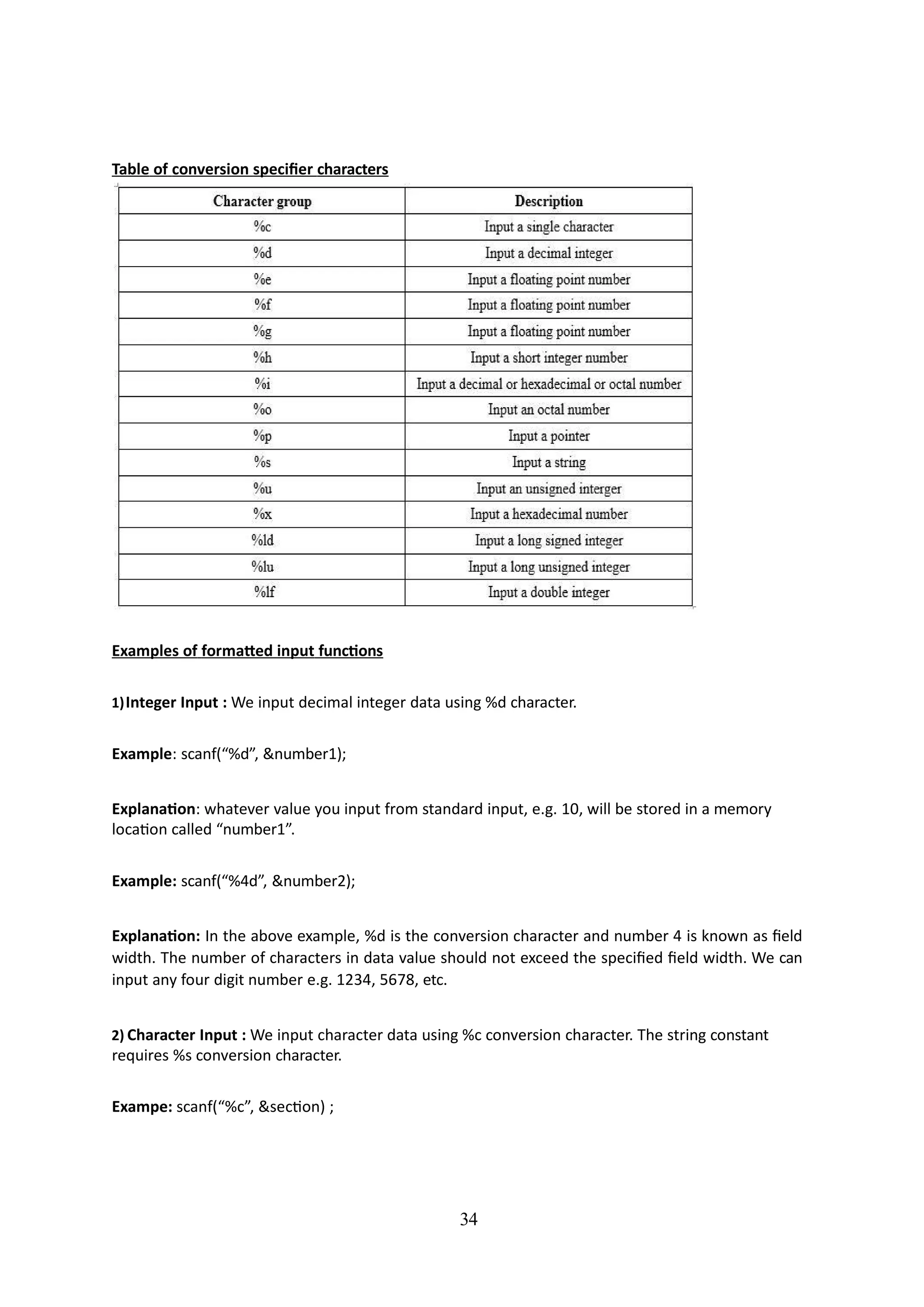 Table of conversion specifier characters
34
Examples of formatted input functions
1)Integer Input : We input decimal integer data using %d character.
Example: scanf(“%d”, &number1);
Explanation: whatever value you input from standard input, e.g. 10, will be stored in a memory
location called “number1”.
Example: scanf(“%4d”, &number2);
Explanation: In the above example, %d is the conversion character and number 4 is known as field
width. The number of characters in data value should not exceed the specified field width. We can
input any four digit number e.g. 1234, 5678, etc.
2) Character Input : We input character data using %c conversion character. The string constant
requires %s conversion character.
Exampe: scanf(“%c”, &section) ;
 