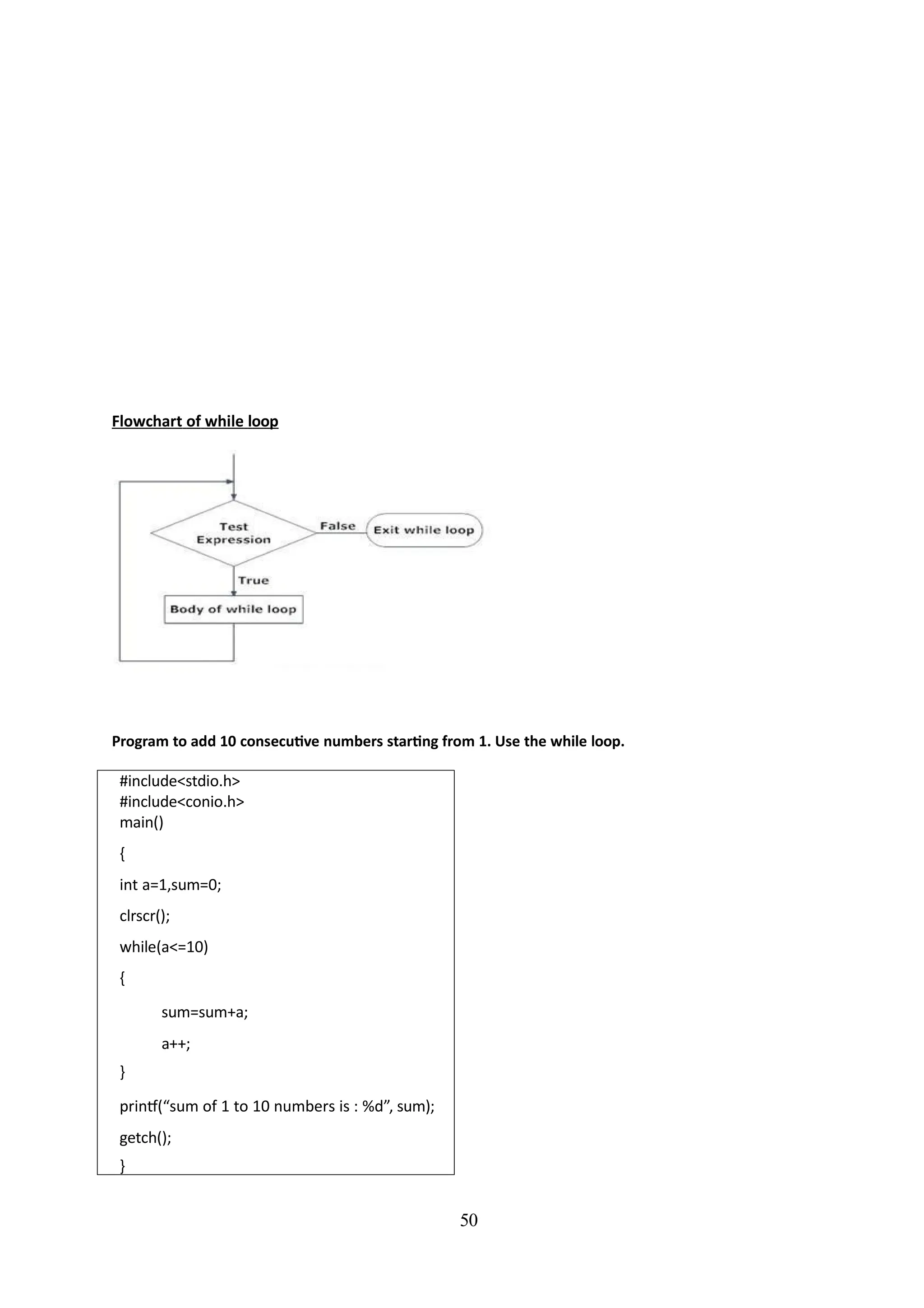 Flowchart of while loop
50
Program to add 10 consecutive numbers starting from 1. Use the while loop.
#include<stdio.h>
#include<conio.h>
main()
{
int a=1,sum=0;
clrscr();
while(a<=10)
{
sum=sum+a;
a++;
}
printf(“sum of 1 to 10 numbers is : %d”, sum);
getch();
}
 