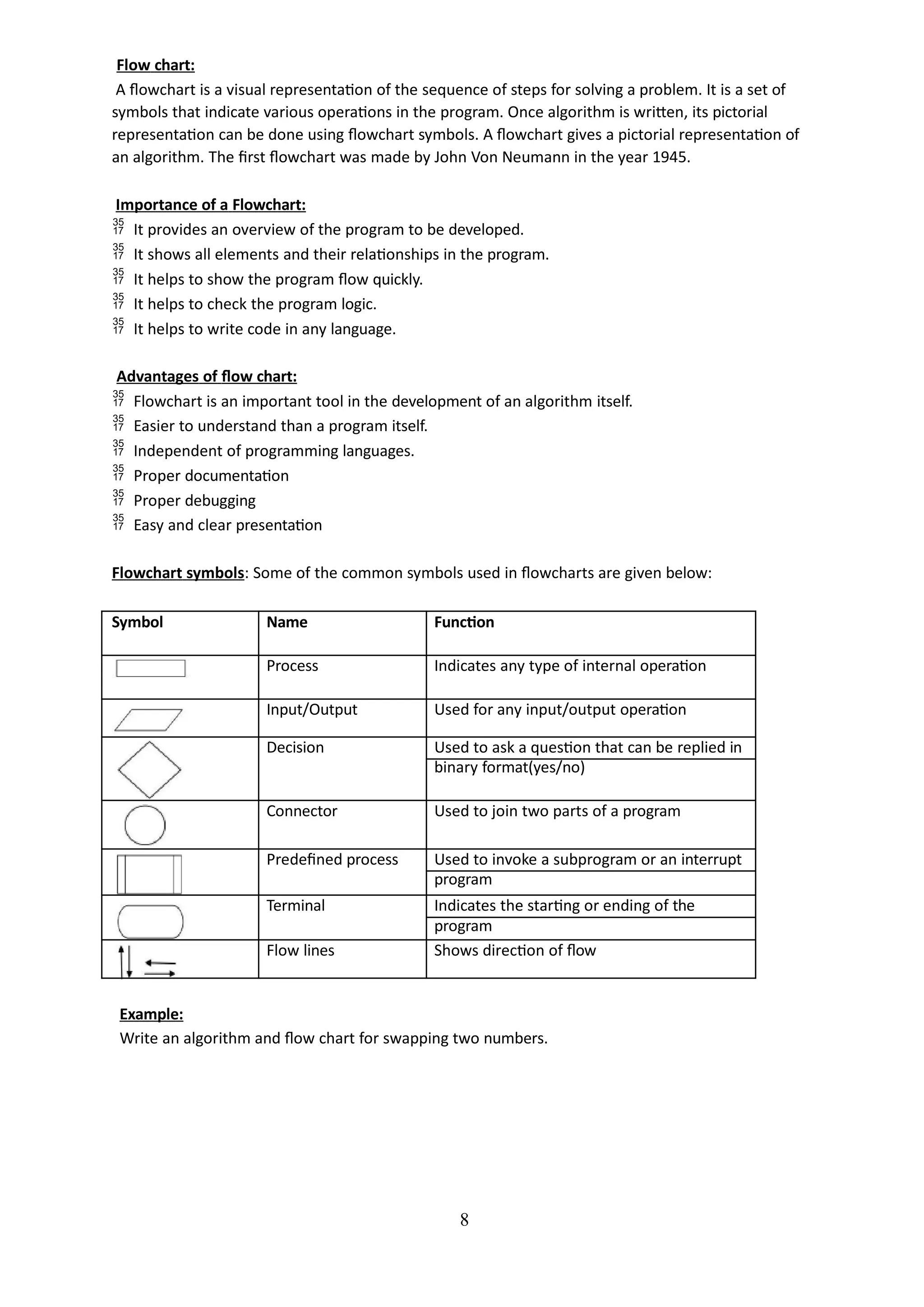 Flow chart:
A flowchart is a visual representation of the sequence of steps for solving a problem. It is a set of
symbols that indicate various operations in the program. Once algorithm is written, its pictorial
representation can be done using flowchart symbols. A flowchart gives a pictorial representation of
an algorithm. The first flowchart was made by John Von Neumann in the year 1945.
Importance of a Flowchart:
 It provides an overview of the program to be developed.
 It shows all elements and their relationships in the program.
 It helps to show the program flow quickly.
 It helps to check the program logic.
 It helps to write code in any language.
Advantages of flow chart:
 Flowchart is an important tool in the development of an algorithm itself.
 Easier to understand than a program itself.
 Independent of programming languages.
 Proper documentation
 Proper debugging
 Easy and clear presentation
Flowchart symbols: Some of the common symbols used in flowcharts are given below:
8
Symbol Name Function
Process Indicates any type of internal operation
Input/Output Used for any input/output operation
Decision Used to ask a question that can be replied in
binary format(yes/no)
Connector Used to join two parts of a program
Predefined process Used to invoke a subprogram or an interrupt
program
Terminal Indicates the starting or ending of the
program
Flow lines Shows direction of flow
Example:
Write an algorithm and flow chart for swapping two numbers.
 