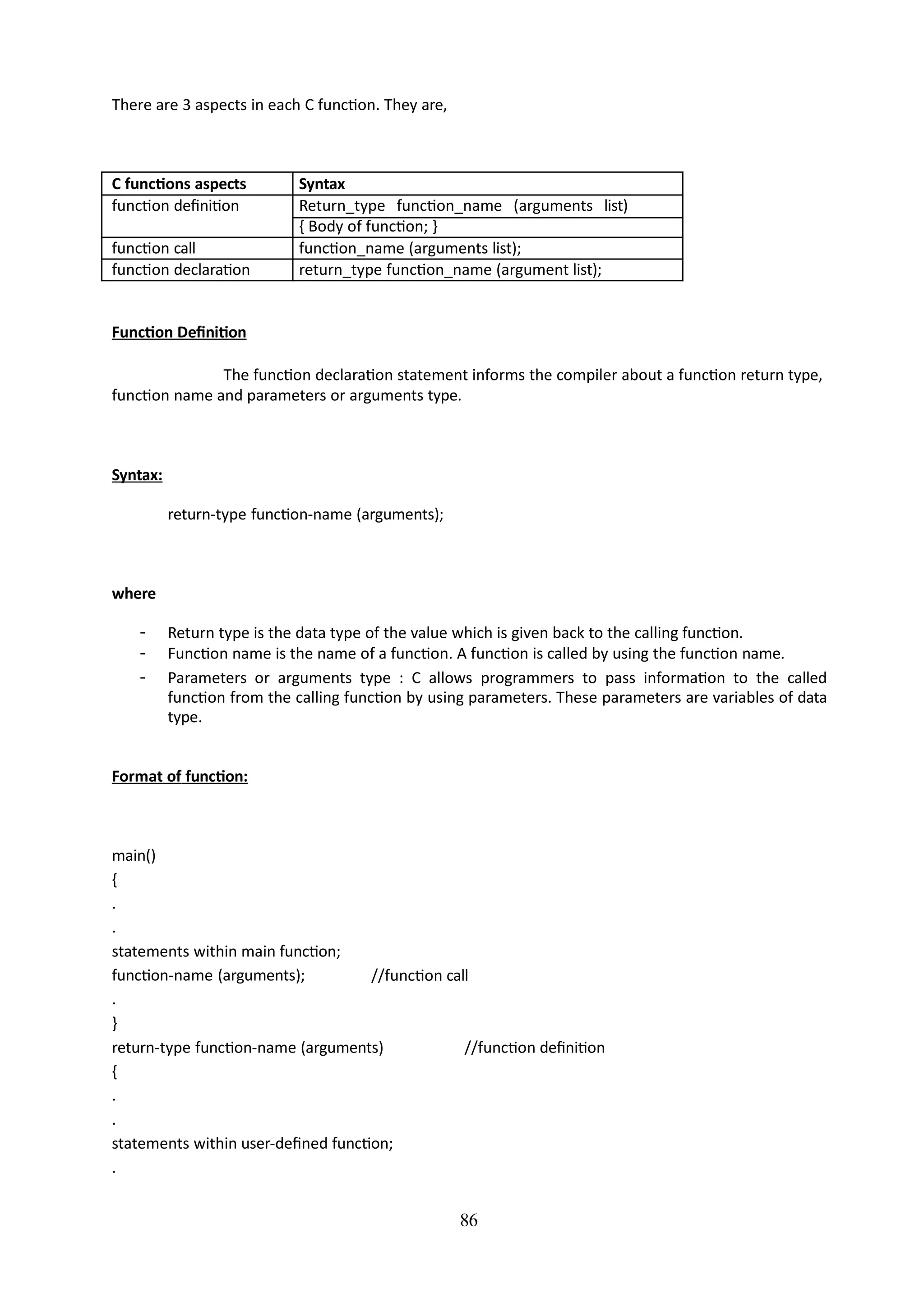 86
There are 3 aspects in each C function. They are,
C functions aspects Syntax
function definition Return_type function_name (arguments list)
{ Body of function; }
function call function_name (arguments list);
function declaration return_type function_name (argument list);
Function Definition
The function declaration statement informs the compiler about a function return type,
function name and parameters or arguments type.
Syntax:
return-type function-name (arguments);
where
- Return type is the data type of the value which is given back to the calling function.
- Function name is the name of a function. A function is called by using the function name.
- Parameters or arguments type : C allows programmers to pass information to the called
function from the calling function by using parameters. These parameters are variables of data
type.
Format of function:
main()
{
.
.
statements within main function;
function-name (arguments);
.
}
//function call
return-type function-name (arguments)
{
.
.
statements within user-defined function;
.
//function definition
 