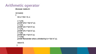 Arithmetic operator
#include <stdio.h>
int main()
{
int a = 9,b = 4, c;
c = a+b;
printf("a+b = %d n",c);
c = a-b;
printf("a-b = %d n",c);
c = a*b;
printf("a*b = %d n",c);
c = a/b;
printf("a/b = %d n",c);
c = a%b;
printf("Remainder when a divided by b = %d n",c);
return 0;
}
 