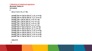 // Working of relational operators
#include <stdio.h>
int main()
{
int a = 5, b = 5, c = 10;
printf("%d == %d is %d n", a, b, a == b);
printf("%d == %d is %d n", a, c, a == c);
printf("%d > %d is %d n", a, b, a > b);
printf("%d > %d is %d n", a, c, a > c);
printf("%d < %d is %d n", a, b, a < b);
printf("%d < %d is %d n", a, c, a < c);
printf("%d != %d is %d n", a, b, a != b);
printf("%d != %d is %d n", a, c, a != c);
printf("%d >= %d is %d n", a, b, a >= b);
printf("%d >= %d is %d n", a, c, a >= c);
printf("%d <= %d is %d n", a, b, a <= b);
printf("%d <= %d is %d n", a, c, a <= c);
return 0;
}
 