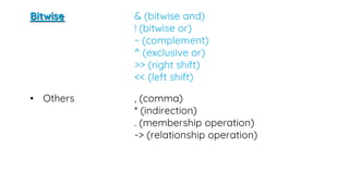 Bitwise & (bitwise and)
! (bitwise or)
~ (complement)
^ (exclusive or)
>> (right shift)
<< (left shift)
• Others , (comma)
* (indirection)
. (membership operation)
-> (relationship operation)
 