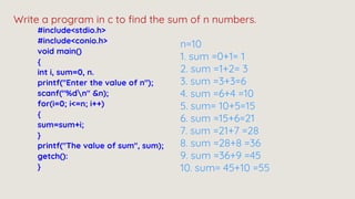 #include<stdio.h>
#include<conio.h>
void main()
{
int i, sum=0, n.
printf("Enter the value of n");
scanf("%dn" &n);
for(i=0; i<=n; i++)
{
sum=sum+i;
}
printf("The value of sum", sum);
getch():
}
Write a program in c to find the sum of n numbers.
n=10
1. sum =0+1= 1
2. sum =1+2= 3
3. sum =3+3=6
4. sum =6+4 =10
5. sum= 10+5=15
6. sum =15+6=21
7. sum =21+7 =28
8. sum =28+8 =36
9. sum =36+9 =45
10. sum= 45+10 =55
 