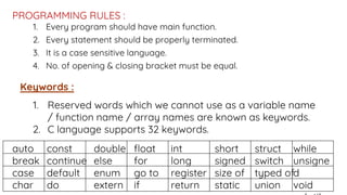 1. Every program should have main function.
2. Every statement should be properly terminated.
3. It is a case sensitive language.
4. No. of opening & closing bracket must be equal.
PROGRAMMING RULES :
Keywords :
1. Reserved words which we cannot use as a variable name
/ function name / array names are known as keywords.
2. C language supports 32 keywords.
auto
break
case
char
const
continue
default
do
double
else
enum
extern
float
for
go to
if
int
long
register
return
short
signed
size of
static
struct
switch
typed of
union
while
unsigne
d
void
 