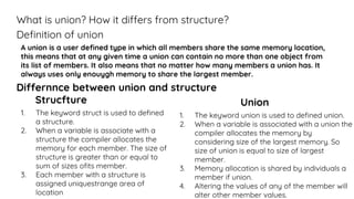What is union? How it differs from structure?
Definition of union
A union is a user defined type in which all members share the same memory location,
this means that at any given time a union can contain no more than one object from
its list of members. It also means that no matter how many members a union has. It
always uses only enouygh memory to share the largest member.
Differnnce between union and structure
Strucfture
1. The keyword struct is used to defined
a structure.
2. When a variable is associate with a
structure the compiler allocates the
memory for each member. The size of
structure is greater than or equal to
sum of sizes ofits member.
3. Each member with a structure is
assigned uniquestrange area of
location
Union
1. The keyword union is used to defined union.
2. When a variable is associated with a union the
compiler allocates the memory by
considering size of the largest memory. So
size of union is equal to size of largest
member.
3. Memory allocation is shared by individuals a
member if union.
4. Altering the values of any of the member will
alter other member values.
 