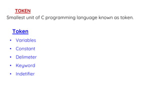 TOKEN
Smallest unit of C programming language known as token.
Token
• Variables
• Constant
• Delimeter
• Keyword
• Indetifier
 