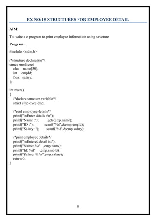Program Using Structure Employee Details Subject:Programming in C - Lab Programmes | PDF