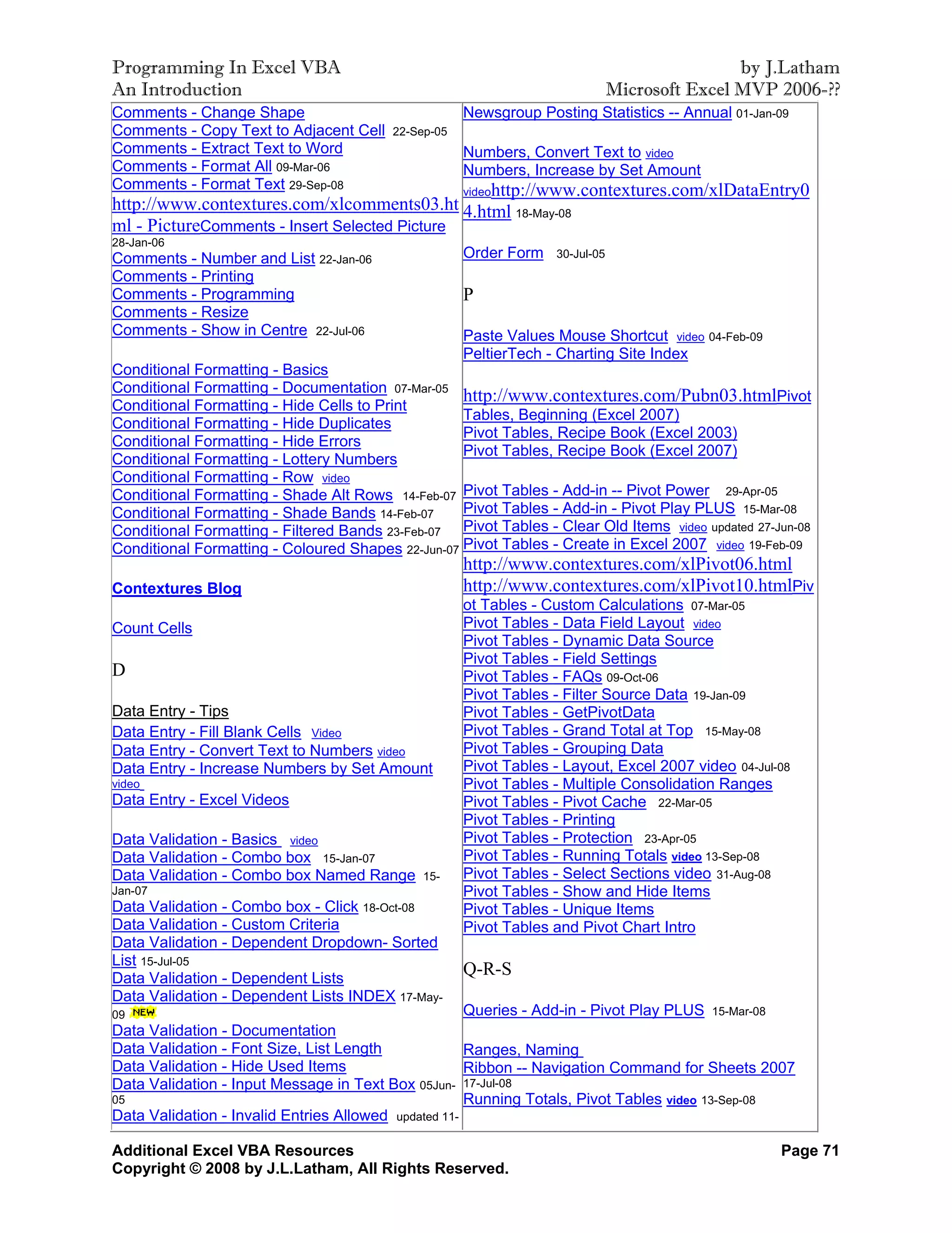 Programming In Excel VBA                                                                      by J.Latham
An Introduction                                                               Microsoft Excel MVP 2006-??
Comments - Change Shape                              Newsgroup Posting Statistics -- Annual 01-Jan-09
Comments - Copy Text to Adjacent Cell    22-Sep-05
Comments - Extract Text to Word                      Numbers, Convert Text to video
Comments - Format All 09-Mar-06                      Numbers, Increase by Set Amount
Comments - Format Text 29-Sep-08               videohttp://www.contextures.com/xlDataEntry0
http://www.contextures.com/xlcomments03.ht 4.html 18-May-08
ml - PictureComments - Insert Selected Picture
28-Jan-06
Comments - Number and List 22-Jan-06                 Order Form   30-Jul-05

Comments - Printing
Comments - Programming                               P
Comments - Resize
Comments - Show in Centre 22-Jul-06                  Paste Values Mouse Shortcut video 04-Feb-09
                                                     PeltierTech - Charting Site Index
Conditional Formatting - Basics
Conditional Formatting - Documentation 07-Mar-05
Conditional Formatting - Hide Cells to Print
                                                   http://www.contextures.com/Pubn03.htmlPivot
                                                   Tables, Beginning (Excel 2007)
Conditional Formatting - Hide Duplicates
                                                   Pivot Tables, Recipe Book (Excel 2003)
Conditional Formatting - Hide Errors
                                                   Pivot Tables, Recipe Book (Excel 2007)
Conditional Formatting - Lottery Numbers
Conditional Formatting - Row video
Conditional Formatting - Shade Alt Rows 14-Feb-07 Pivot Tables - Add-in -- Pivot Power 29-Apr-05
Conditional Formatting - Shade Bands 14-Feb-07     Pivot Tables - Add-in - Pivot Play PLUS 15-Mar-08
Conditional Formatting - Filtered Bands 23-Feb-07 Pivot Tables - Clear Old Items video updated 27-Jun-08
Conditional Formatting - Coloured Shapes 22-Jun-07 Pivot Tables - Create in Excel 2007 video 19-Feb-09
                                                     http://www.contextures.com/xlPivot06.html
Contextures Blog                                     http://www.contextures.com/xlPivot10.htmlPiv
                                                     ot Tables - Custom Calculations 07-Mar-05
Count Cells                                          Pivot Tables - Data Field Layout video
                                                     Pivot Tables - Dynamic Data Source
                                                     Pivot Tables - Field Settings
D                                                    Pivot Tables - FAQs 09-Oct-06
                                                     Pivot Tables - Filter Source Data 19-Jan-09
Data Entry - Tips                                    Pivot Tables - GetPivotData
Data Entry - Fill Blank Cells Video                  Pivot Tables - Grand Total at Top 15-May-08
Data Entry - Convert Text to Numbers video           Pivot Tables - Grouping Data
Data Entry - Increase Numbers by Set Amount          Pivot Tables - Layout, Excel 2007 video 04-Jul-08
video                                                Pivot Tables - Multiple Consolidation Ranges
Data Entry - Excel Videos                            Pivot Tables - Pivot Cache 22-Mar-05
                                                     Pivot Tables - Printing
Data Validation - Basics video                       Pivot Tables - Protection 23-Apr-05
Data Validation - Combo box 15-Jan-07                Pivot Tables - Running Totals video 13-Sep-08
Data Validation - Combo box Named Range       15-    Pivot Tables - Select Sections video 31-Aug-08
Jan-07                                               Pivot Tables - Show and Hide Items
Data Validation - Combo box - Click 18-Oct-08        Pivot Tables - Unique Items
Data Validation - Custom Criteria                    Pivot Tables and Pivot Chart Intro
Data Validation - Dependent Dropdown- Sorted
List 15-Jul-05
Data Validation - Dependent Lists
                                                     Q-R-S
Data Validation - Dependent Lists INDEX 17-May-
09                                                    Queries - Add-in - Pivot Play PLUS 15-Mar-08
Data Validation - Documentation
Data Validation - Font Size, List Length              Ranges, Naming
Data Validation - Hide Used Items                     Ribbon -- Navigation Command for Sheets 2007
Data Validation - Input Message in Text Box 05Jun- 17-Jul-08
05                                                    Running Totals, Pivot Tables video 13-Sep-08
Data Validation - Invalid Entries Allowed updated 11-

Additional Excel VBA Resources                                                                      Page 71
Copyright © 2008 by J.L.Latham, All Rights Reserved.
 