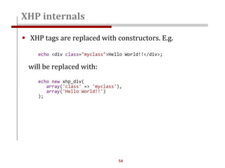 54
 XHP tags are replaced with constructors. E.g.
will be replaced with:
XHP internals
 